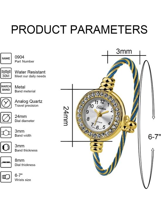 Women\'s Gold And Blue Analog Cable Cuff Arabic Numbers Rhinestone Bracelet Watch main image 6